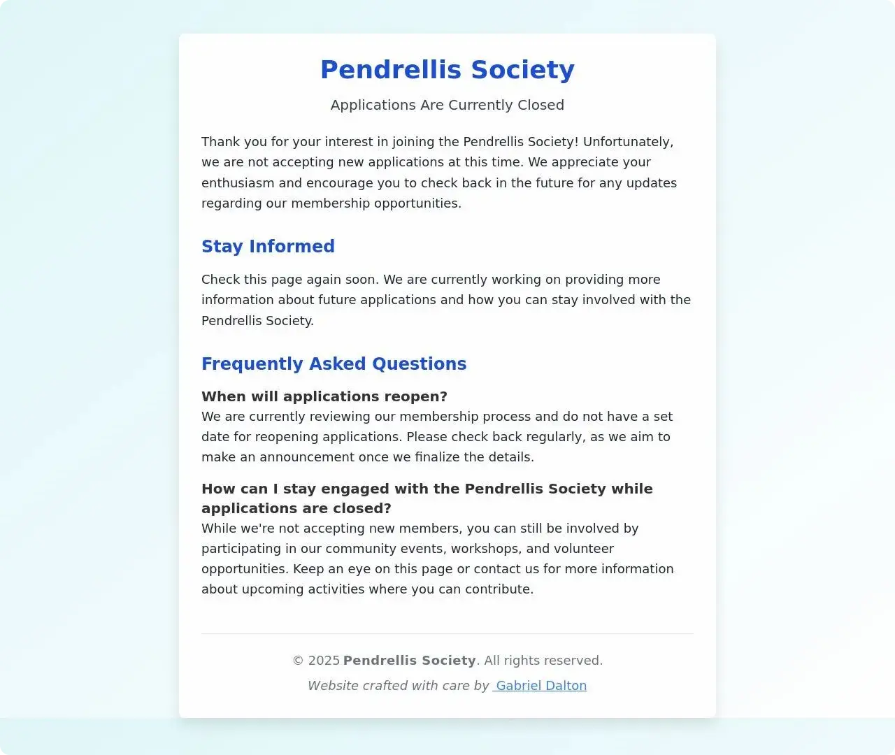 Pendrellis Society website homepage showing a modern, user-friendly interface