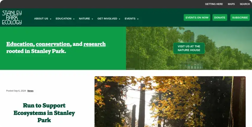 Stanley Park Ecology Society website homepage showing a sustainable, eco-friendly interface
