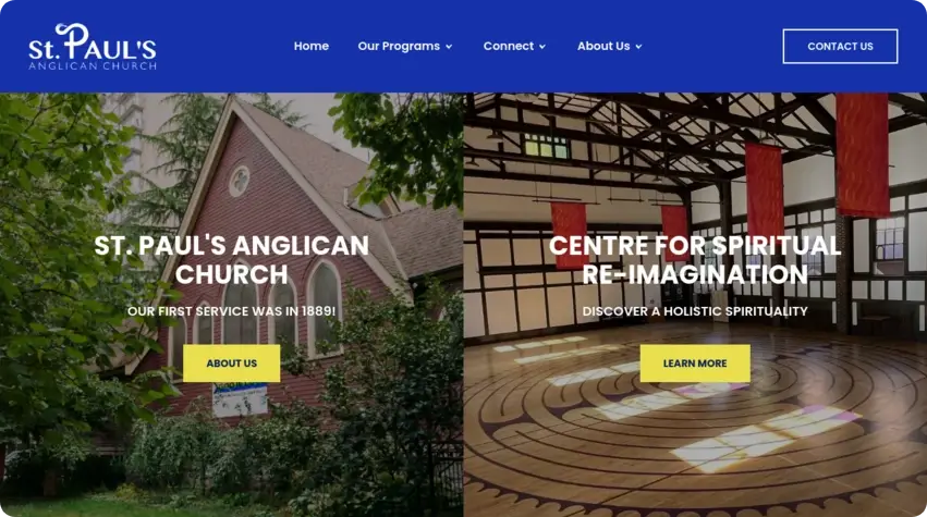 St. Paul's Anglican Church website homepage showing a fast, sustainable, and easy-to-navigate interface