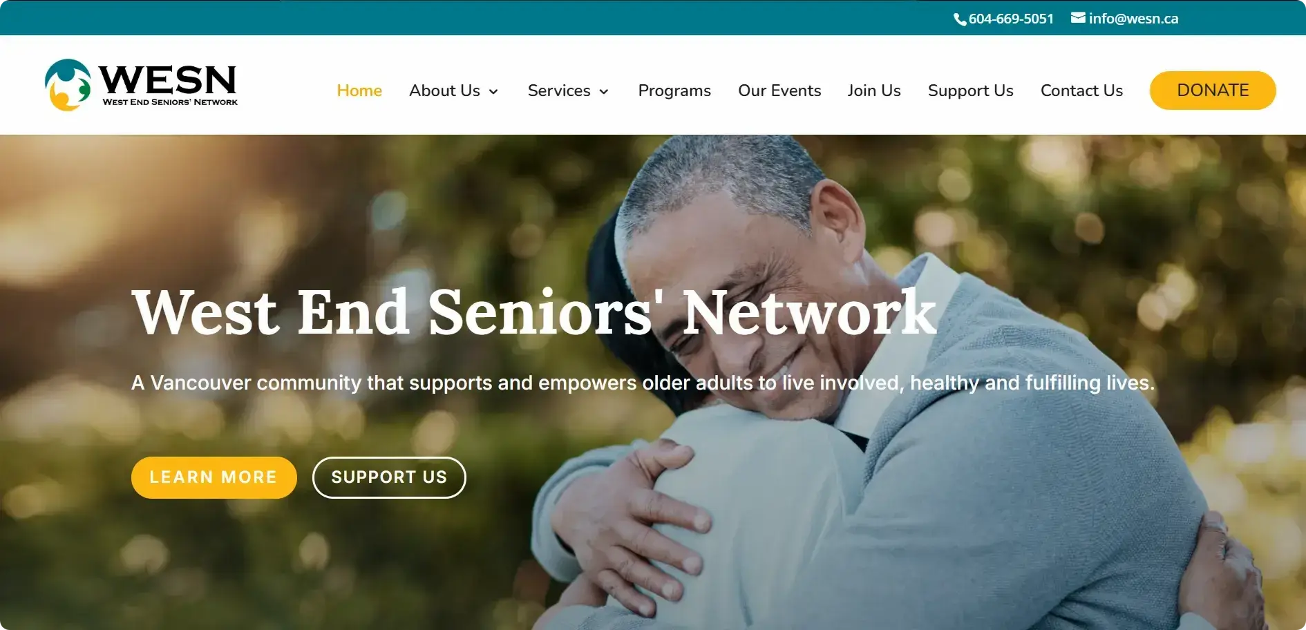 West End Seniors' Network website homepage showing a modern, user-friendly interface